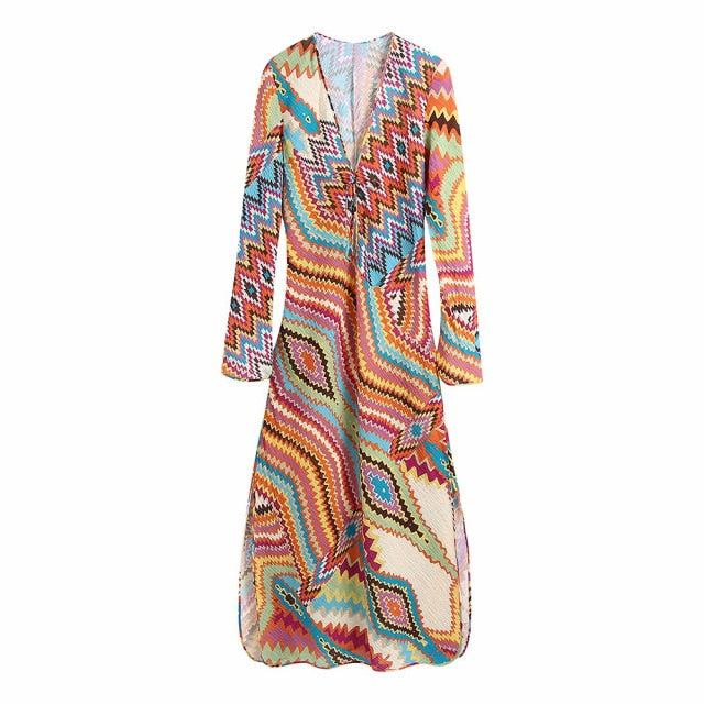 Chic Fashion With Drawstring Printed Midi Dress