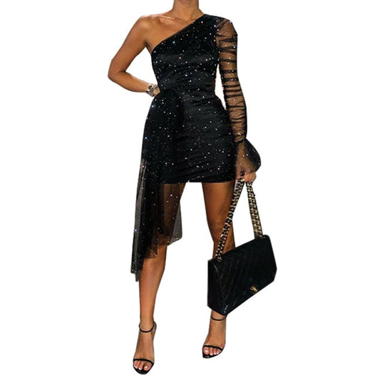 Glitter One Shoulder Mesh Bodycon Dress