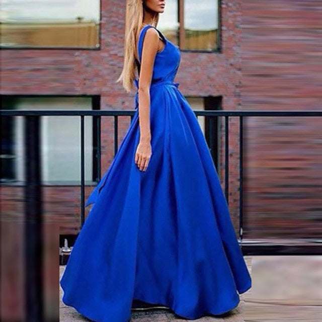 Classic Deep V-Neck Backless Bow Women Party Dress