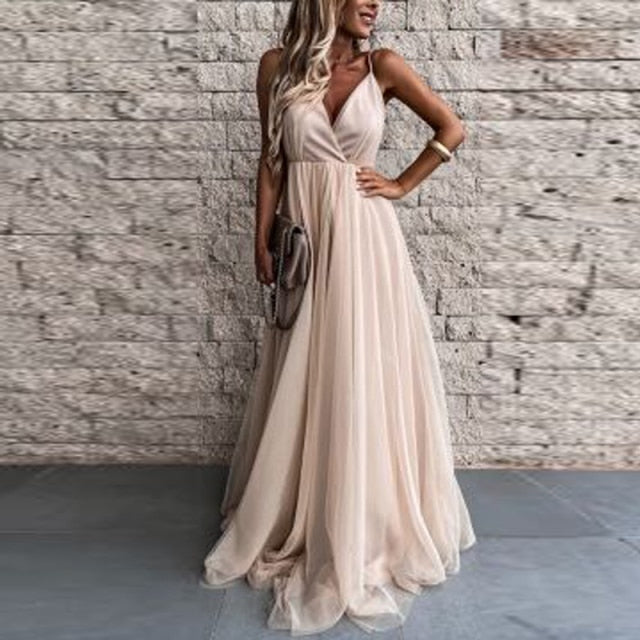 Embroidery Wrap Party Dress Elegant Off Shoulder Sleeveless Long Dress Women Mesh Lace Maxi Dress