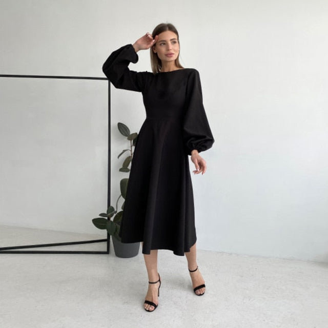 Backless Midi Dress Lantern Sleeve O-Neck And Folds A-Line Fashion