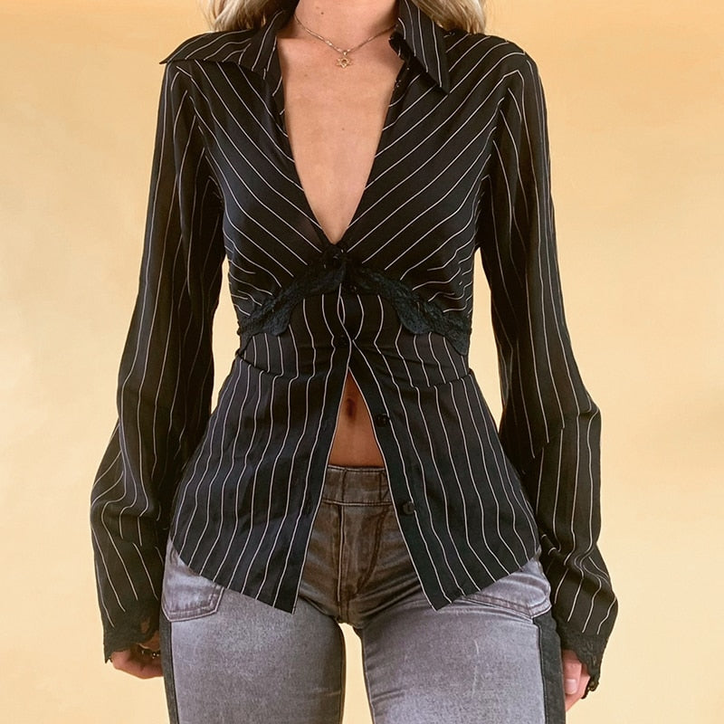 Sweetown Vintage Stripe Flared Sleeve Cardigan Shirts Women Lace Deep V Neck