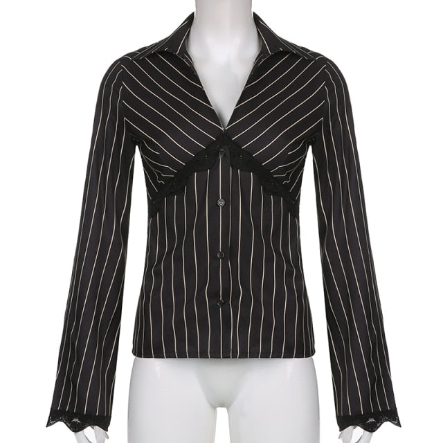 Sweetown Vintage Stripe Flared Sleeve Cardigan Shirts Women Lace Deep V Neck