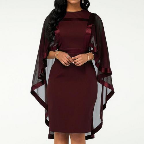 Party Elegant Dress Mesh Stitching Slim-fit Polyester Women Fashion Cape Dress