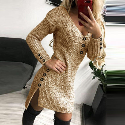 Spring Autumn Classic Lady Deep V Neck Knitting Dress