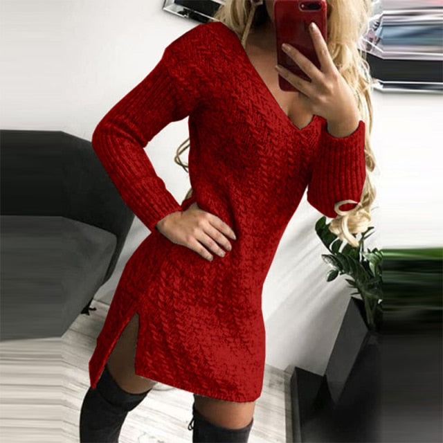 Spring Autumn Classic Lady Deep V Neck Knitting Dress