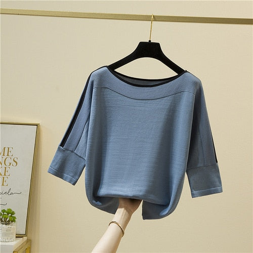 Summer Fashion Women Tops Knitted Solid T shirt Ice Silk Pullover Short Sleeve