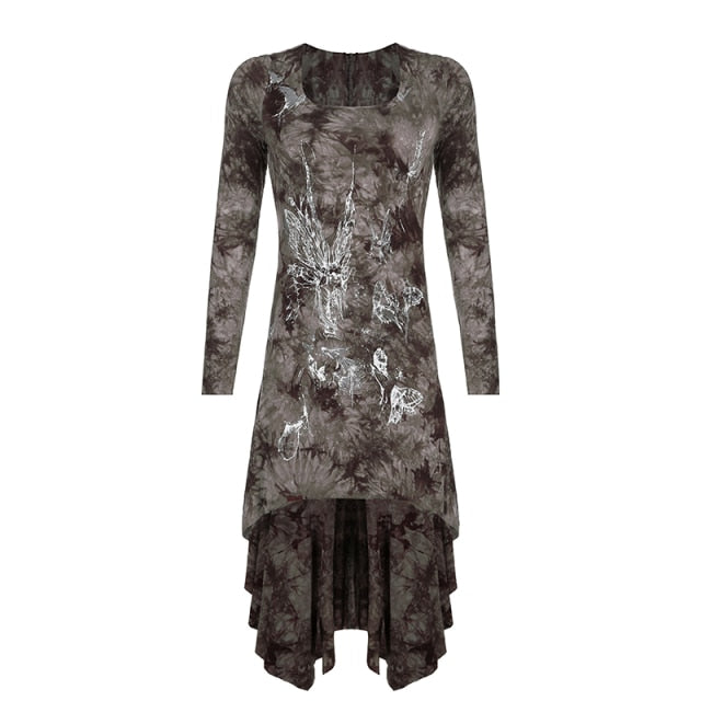 Tie Dye Print Gothic New Grunge Dresses Long Sleeve Fairycore Dark Academia Mini Dress