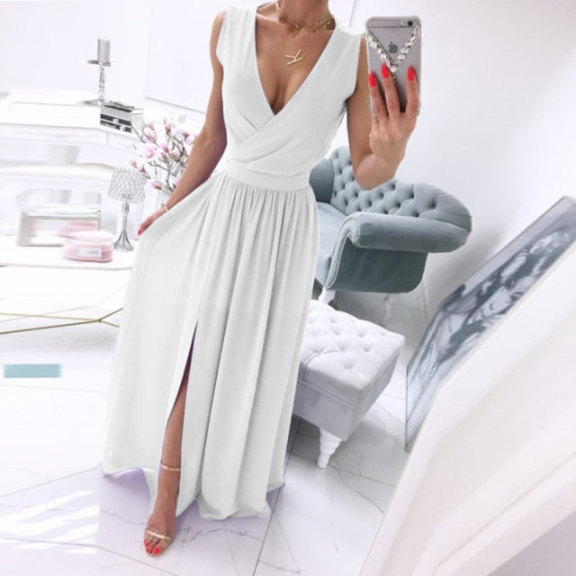 Elegant Deep V-Neck Solid Color Party Dress