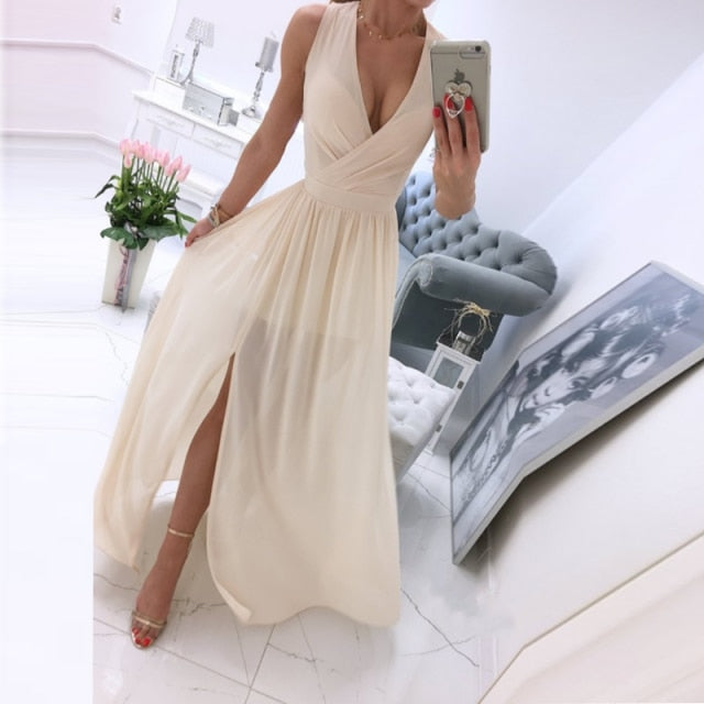 Elegant Deep V-Neck Solid Color Party Dress