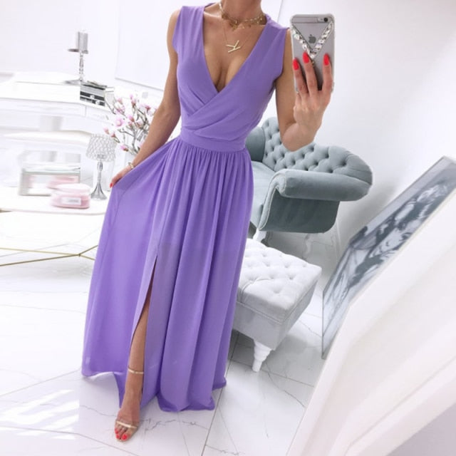 Elegant Deep V-Neck Solid Color Party Dress