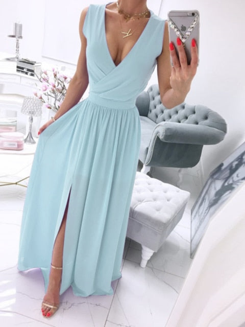 Elegant Deep V-Neck Solid Color Party Dress