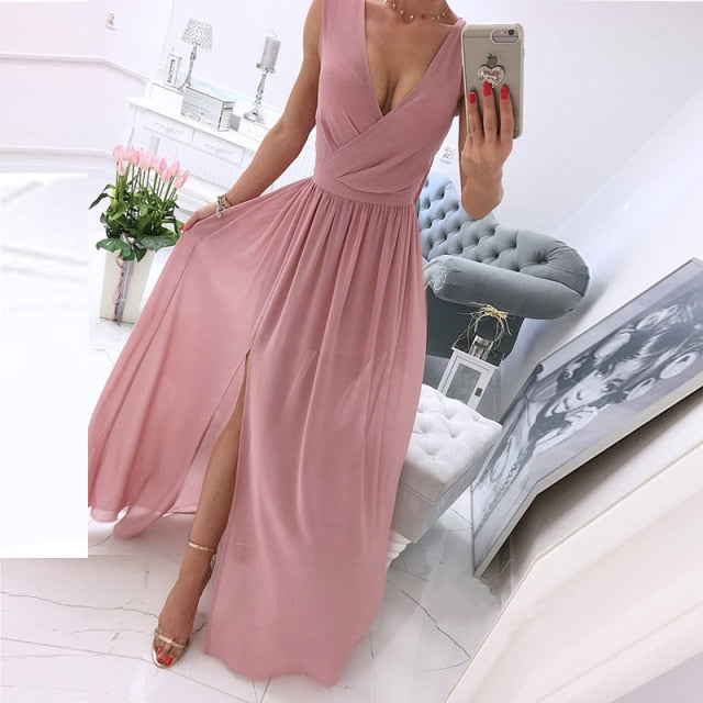 Elegant Deep V-Neck Solid Color Party Dress