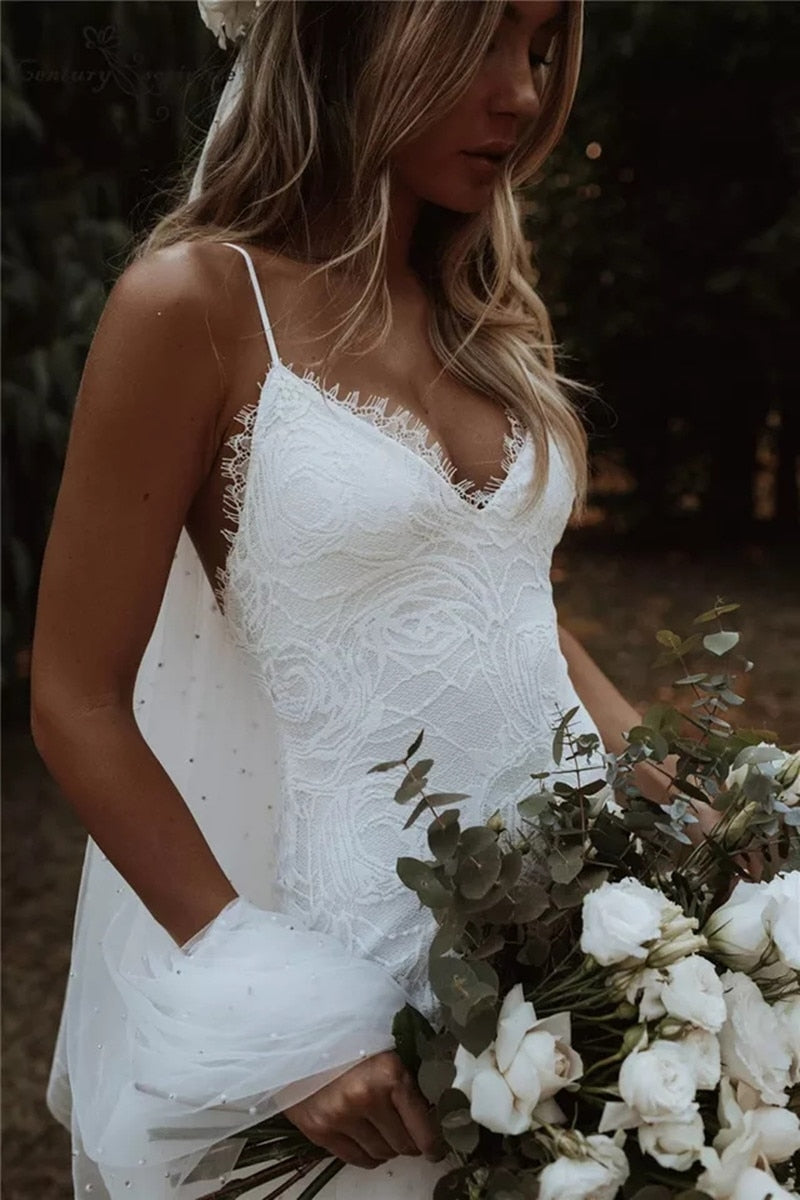 Mermaid Wedding Dresses Spaghetti Straps  Lace Backless