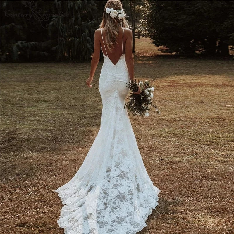 Mermaid Wedding Dresses Spaghetti Straps  Lace Backless