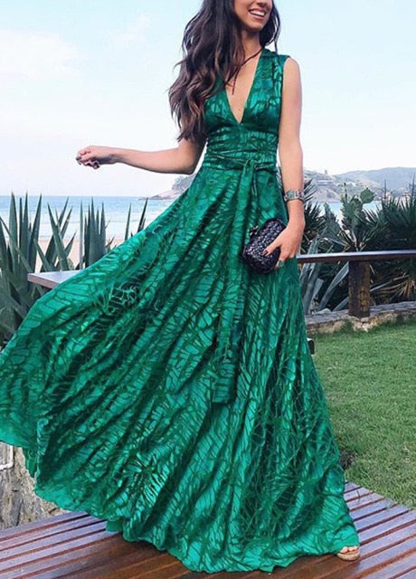 Fashion Green Classic Deep V Neck Formal Evening Dress