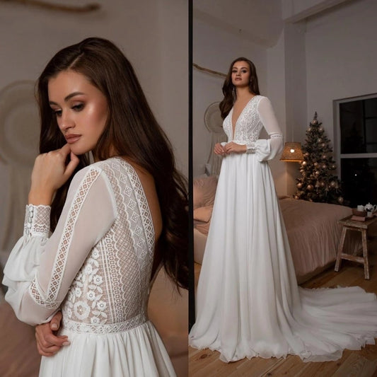 Bridal Long Sleeve Wedding Dresses A Line Robe Longue Simple Beach Chiffon Long Wedding Gowns Deep V-neck