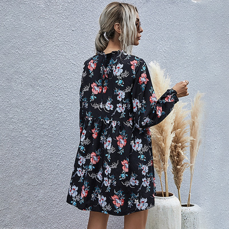 Floral Dress Women Casual Full Sleeve High Waist Loose Print Dress