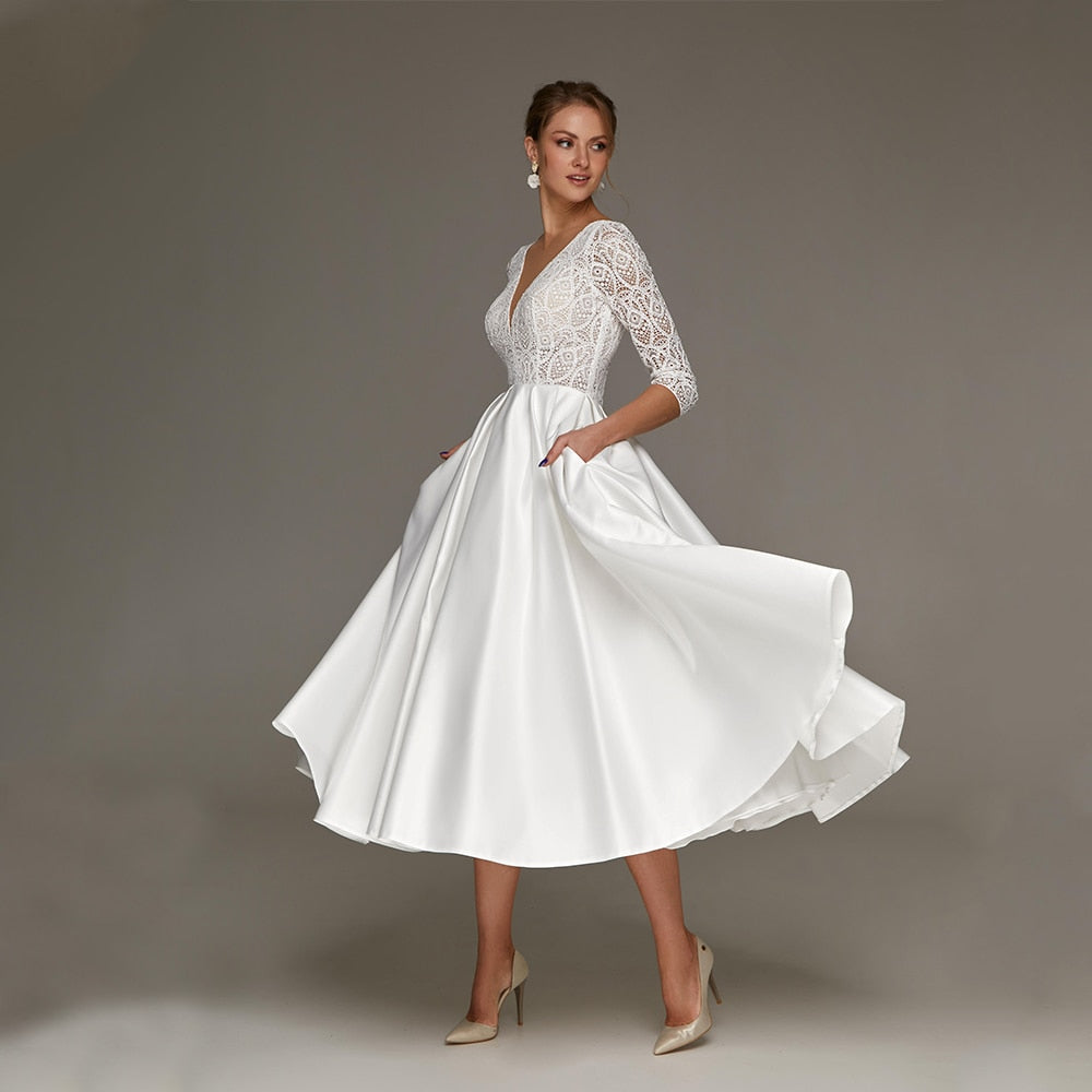 Satin Wedding Dress Tea Length Elegant White Civil Bridal Gowns