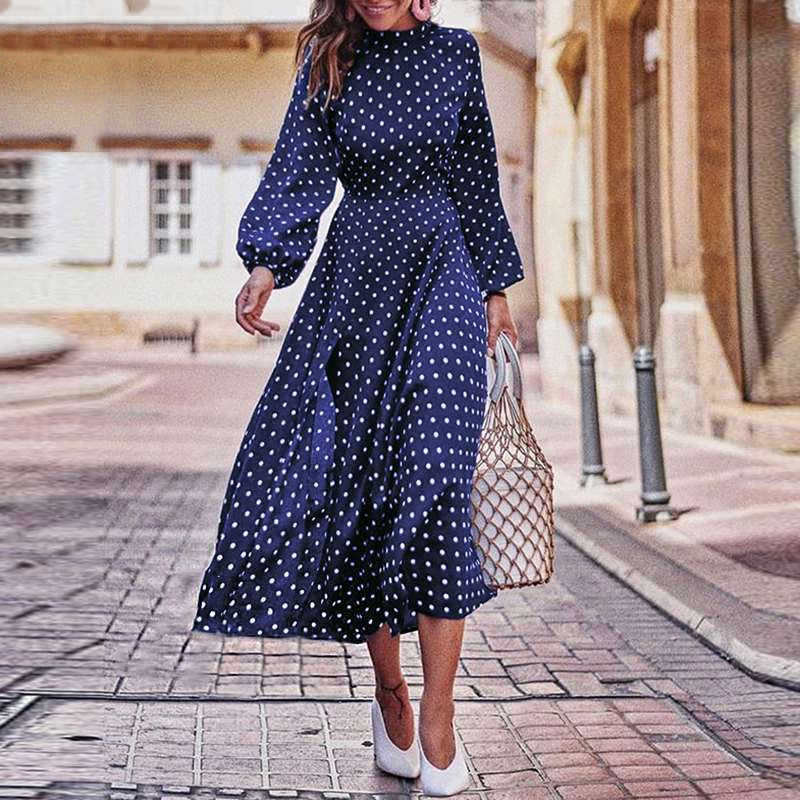 Polka Dot Lantern Sleeve Midi Dress