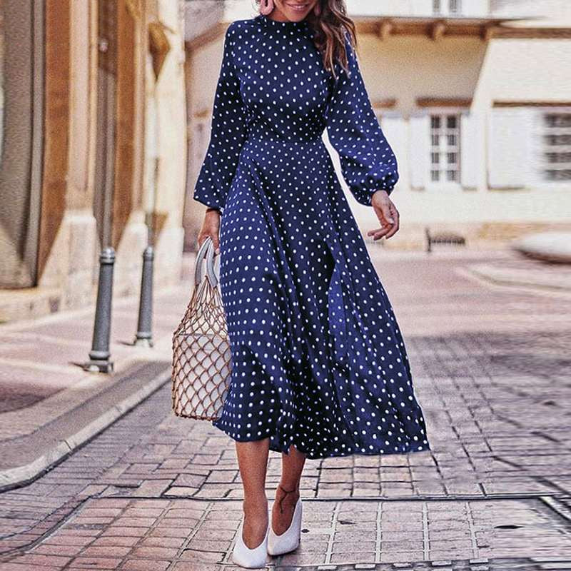 Polka Dot Lantern Sleeve Midi Dress