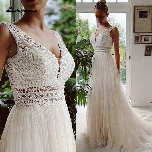 Wedding Dresses V Neck Beach Lace Bridal Wedding Gowns