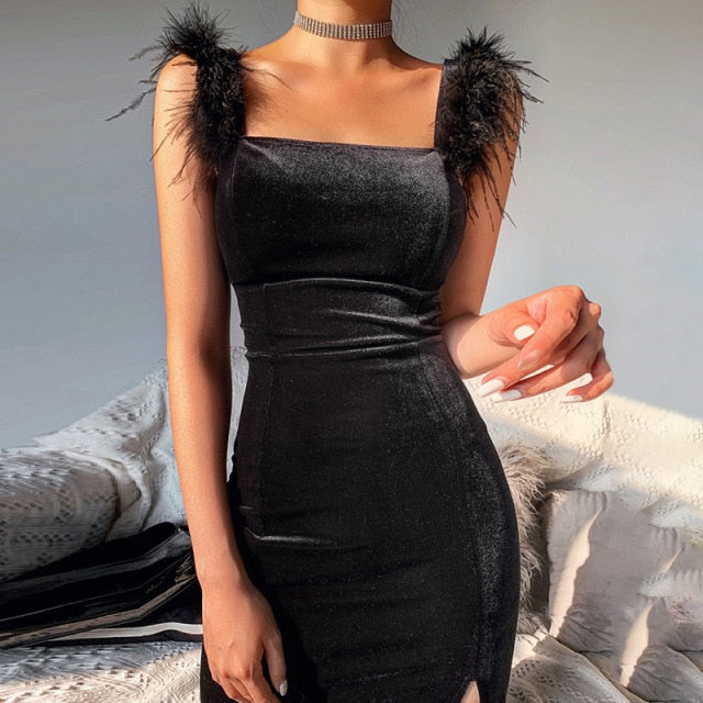 Feather Velvet Sleeveless Dress