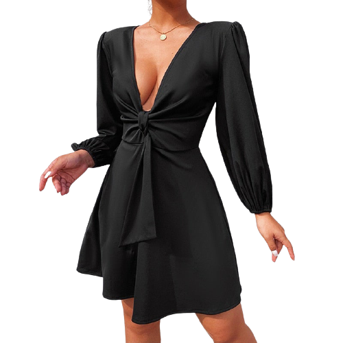 Satin Puff Sleeve Plunge Dress