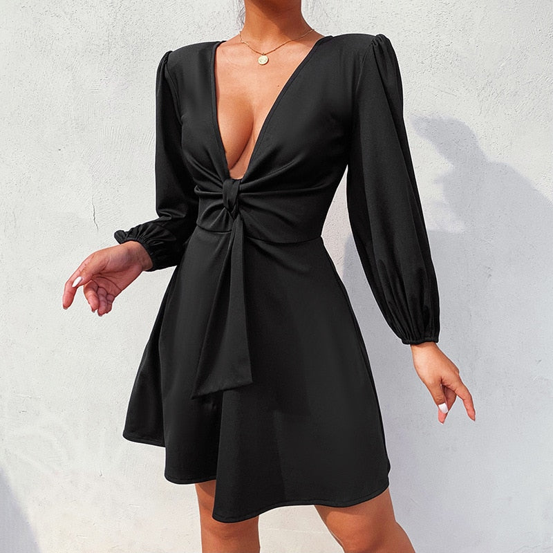 Satin Puff Sleeve Plunge Dress