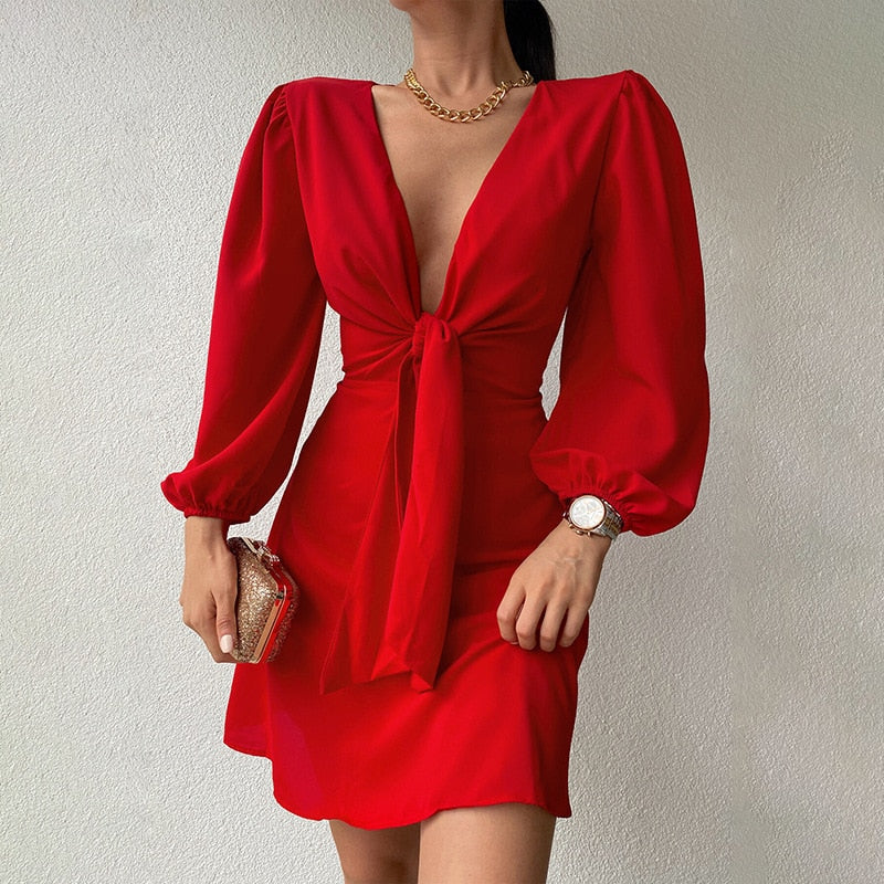 Satin Puff Sleeve Plunge Dress