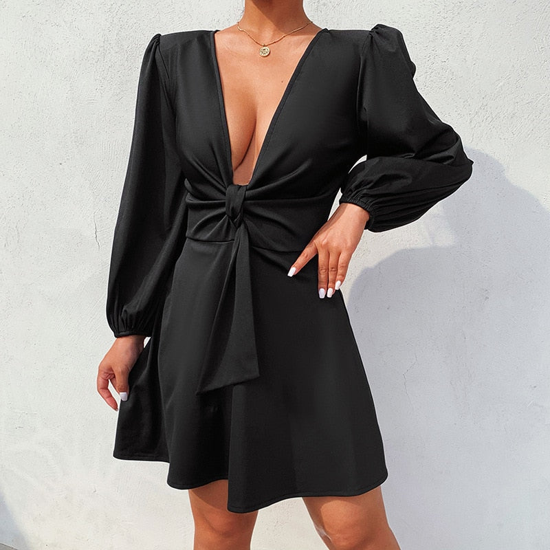 Satin Puff Sleeve Plunge Dress