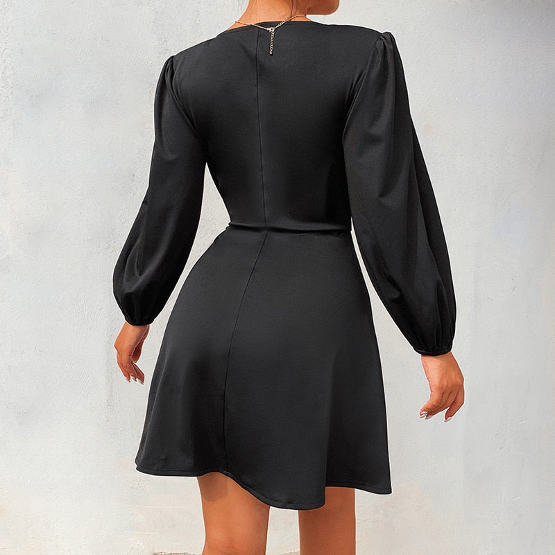 Satin Puff Sleeve Plunge Dress