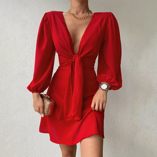 Satin Puff Sleeve Plunge Dress