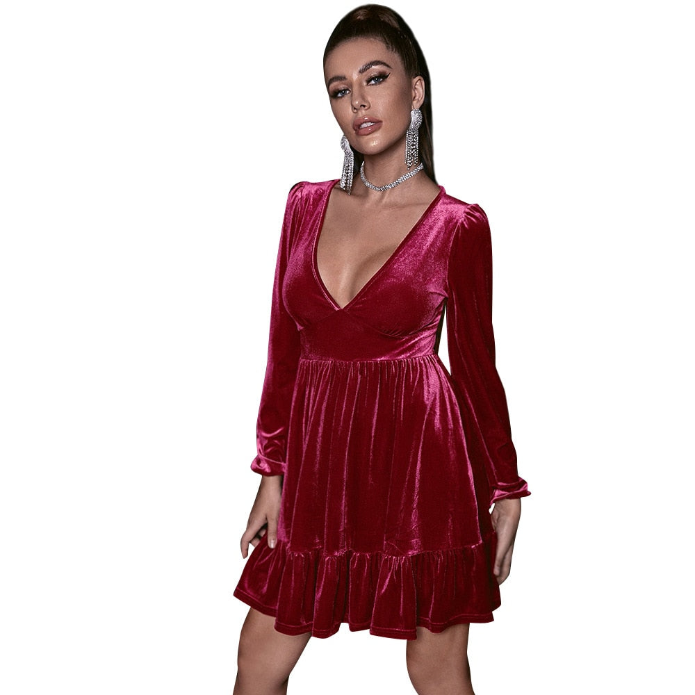 Bubble Sleeve Velvet Ruffle Dress