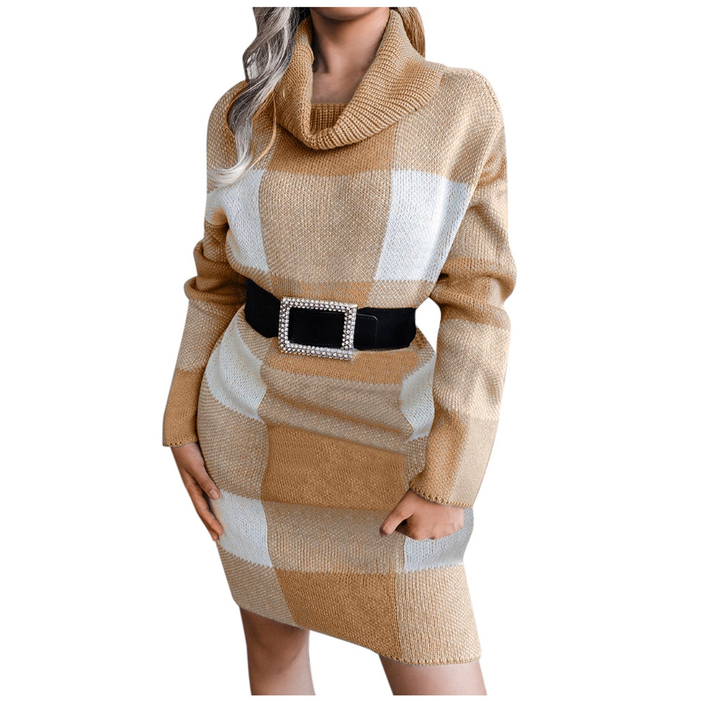 Checkered Turtleneck Knitted Dress