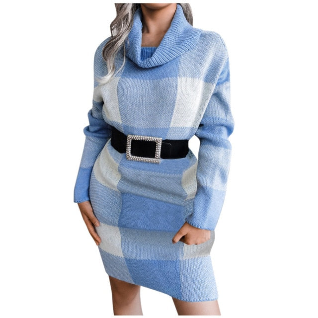 Checkered Turtleneck Knitted Dress