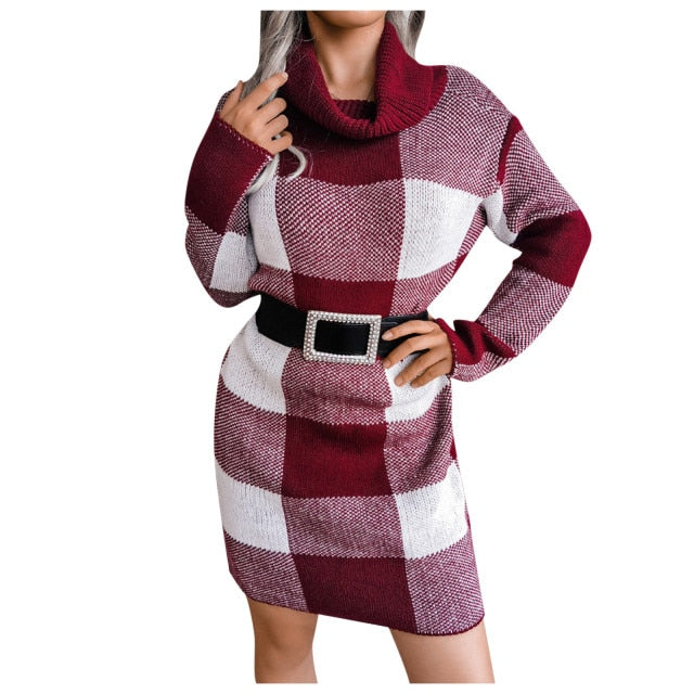 Checkered Turtleneck Knitted Dress