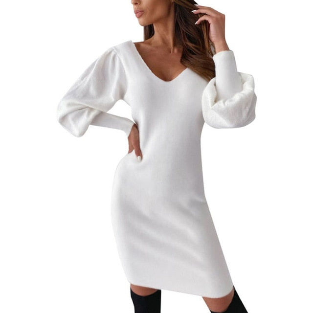 Short Dress Puff Sleeve Backless Robe Tight V Neck Outfits Elegant Style