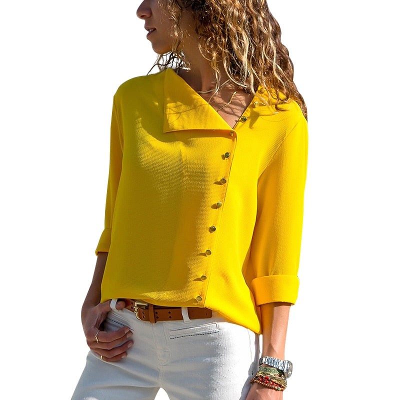 Women Tops And Blouses Long Sleeve Skew Collar Chiffon Blouse Casual Tops Plus