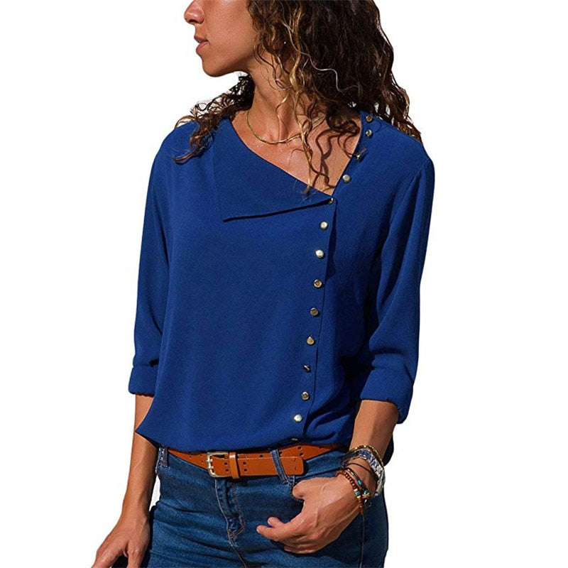 Women Tops And Blouses Long Sleeve Skew Collar Chiffon Blouse Casual Tops Plus