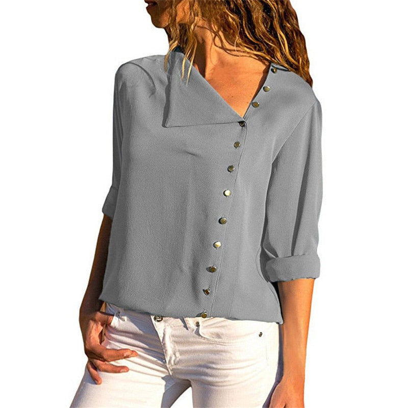 Women Tops And Blouses Long Sleeve Skew Collar Chiffon Blouse Casual Tops Plus