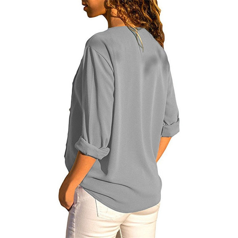 Women Tops And Blouses Long Sleeve Skew Collar Chiffon Blouse Casual Tops Plus