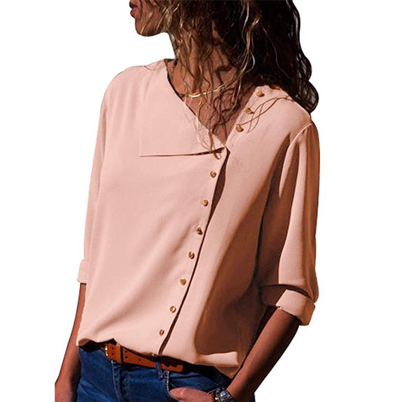 Women Tops And Blouses Long Sleeve Skew Collar Chiffon Blouse Casual Tops Plus