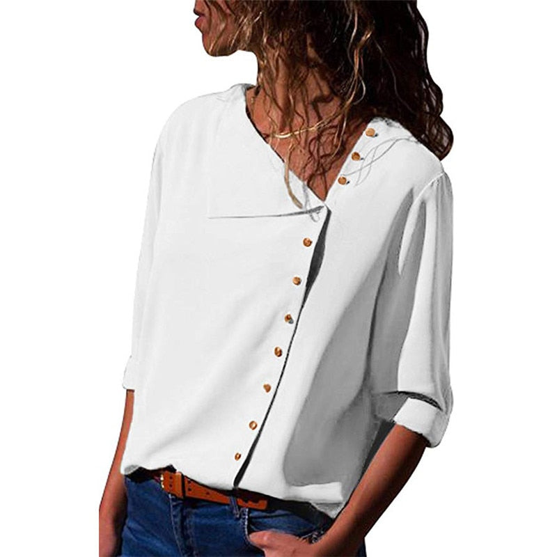 Women Tops And Blouses Long Sleeve Skew Collar Chiffon Blouse Casual Tops Plus