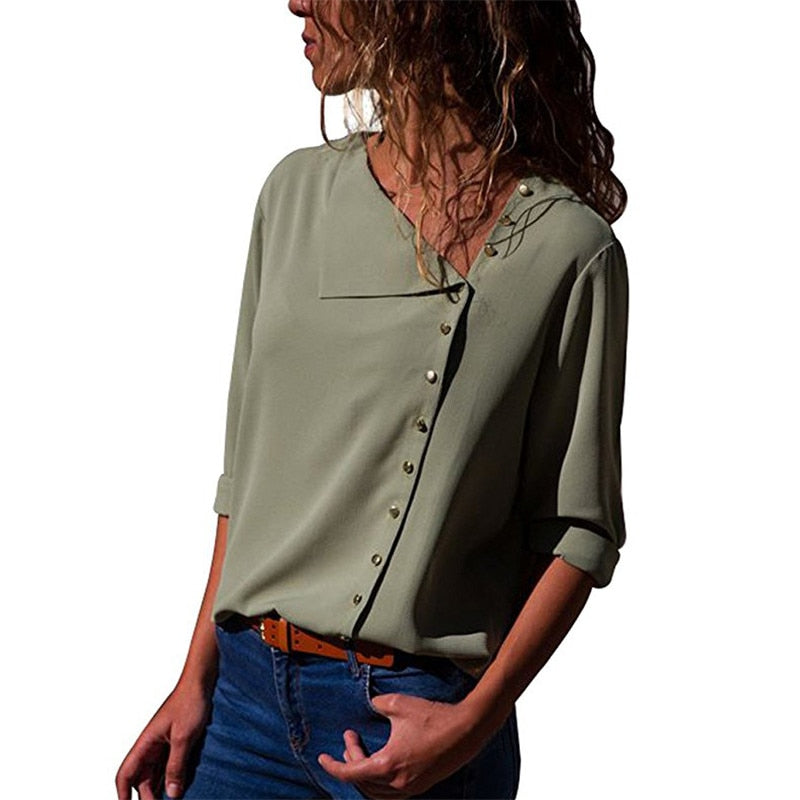 Women Tops And Blouses Long Sleeve Skew Collar Chiffon Blouse Casual Tops Plus