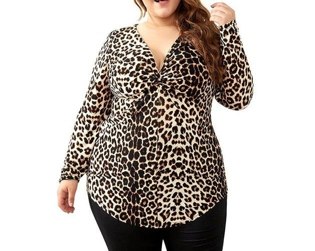 Plus Size Blouses for Women Leopard Classic Deep V Neck Long Sleeves