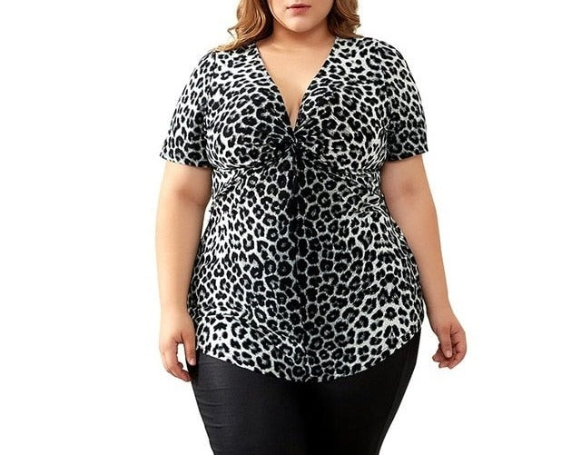 Plus Size Blouses for Women Leopard Classic Deep V Neck Long Sleeves