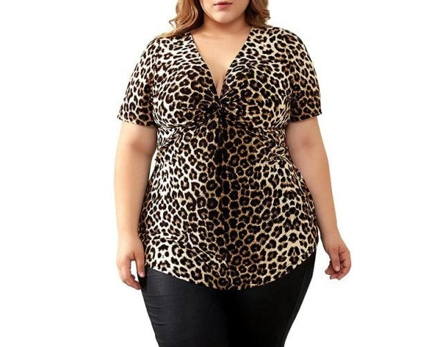 Plus Size Blouses for Women Leopard Classic Deep V Neck Long Sleeves