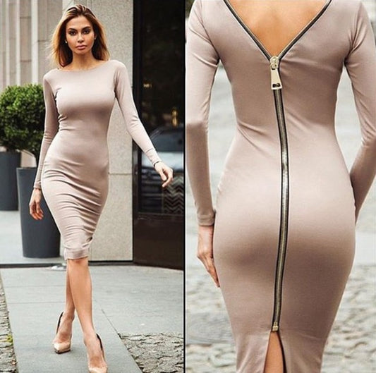 Spring Large size Bodycon dress Solid Color Round neck long sleeve Back zipper